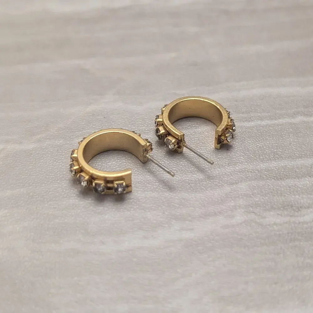 Vintage Stud Earrings Gold Tone Hoops with Clear Gems